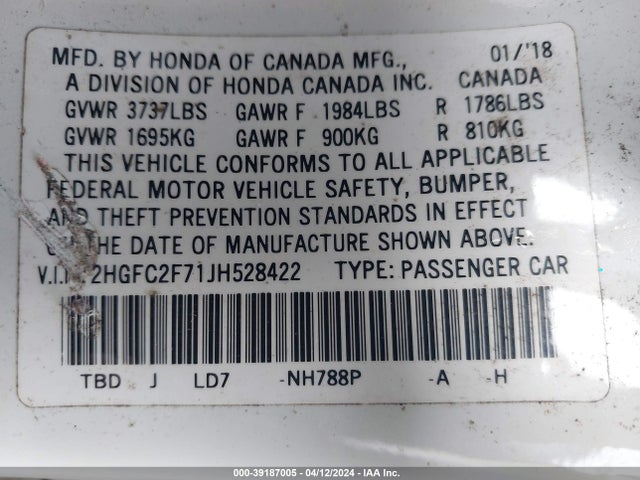 Honda CIVIC EX 2018 2HGFC2F71JH528422 Image 9
