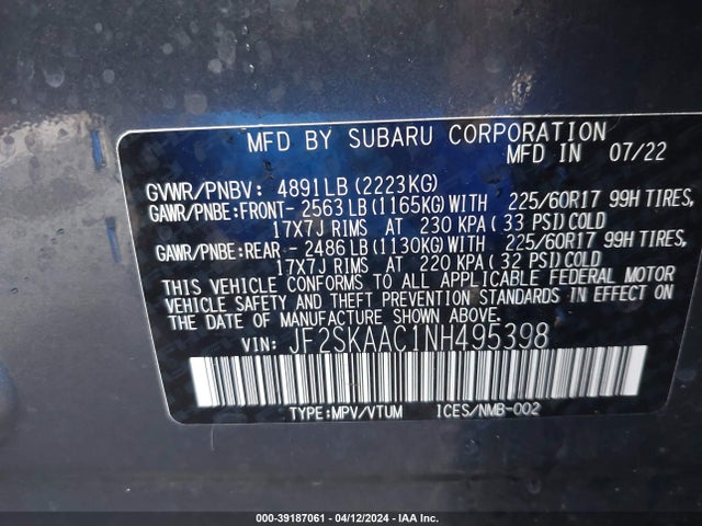 JF2SKAAC1NH495398 Subaru Forester