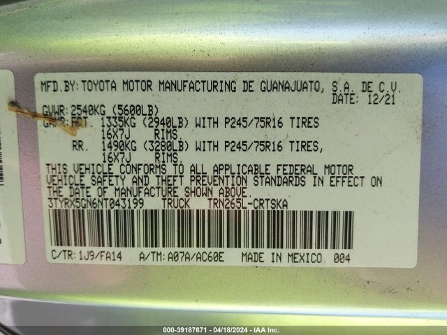 Toyota Tacoma Sr 2022 3TYRX5GN6NT043199 Image 9