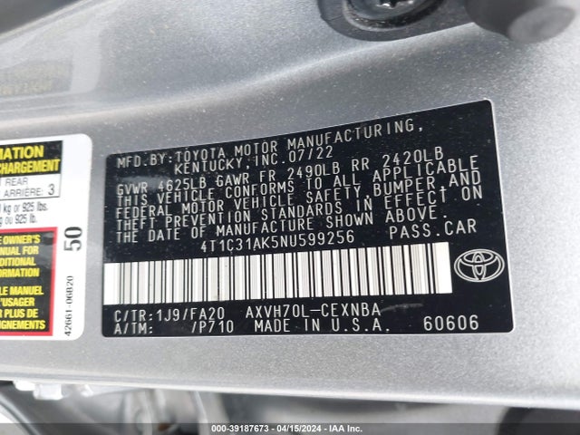 Toyota Camry Le Hybrid 2022 4T1C31AK5NU599256 Image 9