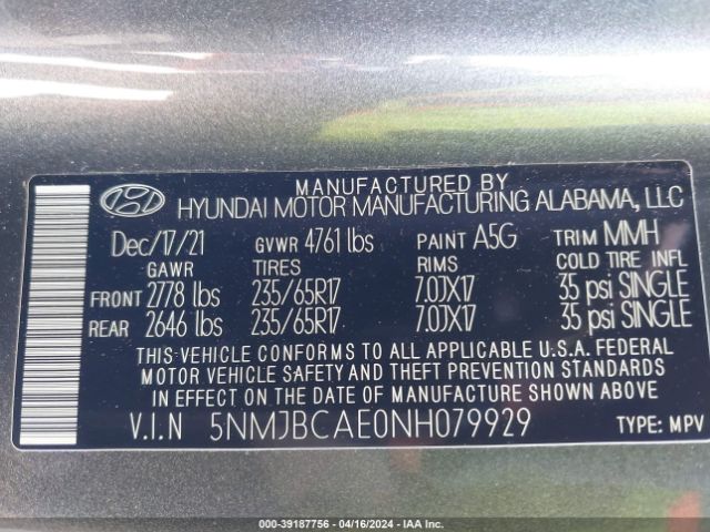 5NMJBCAE0NH079929 Hyundai TUCSON SEL