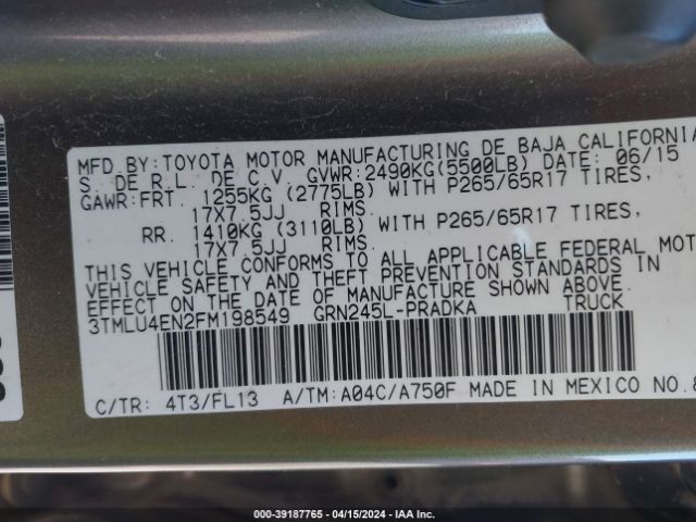 3TMLU4EN2FM198549 Toyota Tacoma Base V6