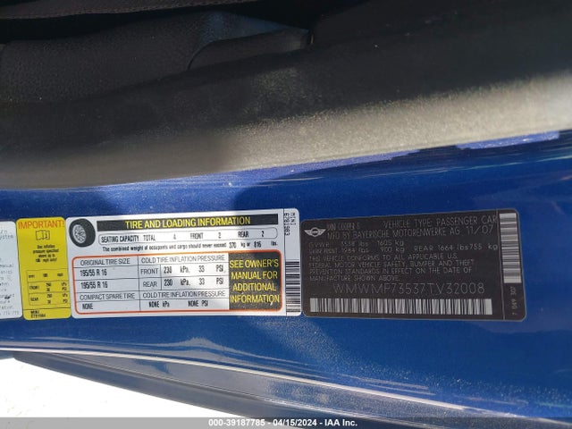 2007 MINI COOPER S WMWMF73537TV32008 Photo 8
