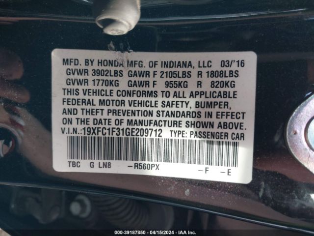 19XFC1F31GE209712 Honda Civic Ex-t