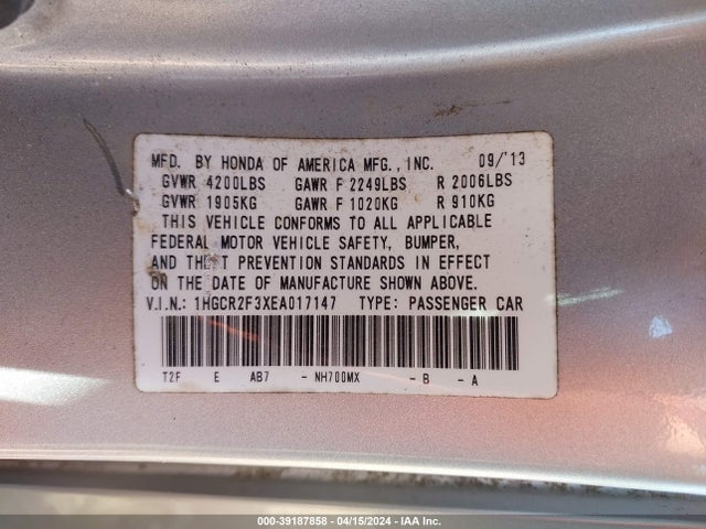 Honda ACCORD LX 2014 1HGCR2F3XEA017147 Image 9