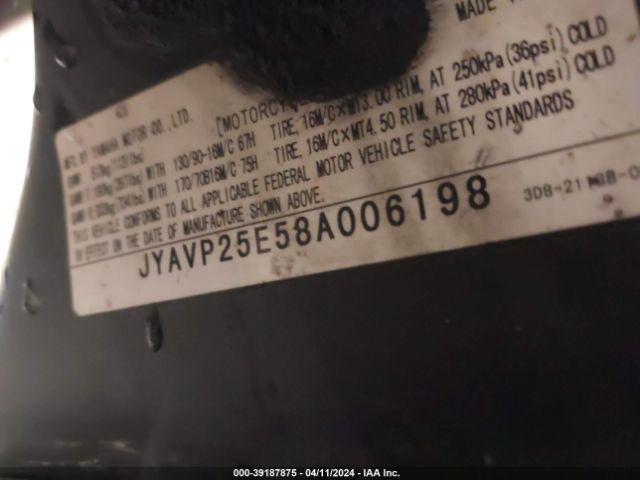 2008 YAMAHA XVS1300 JYAVP25E58A006198 Photo 9