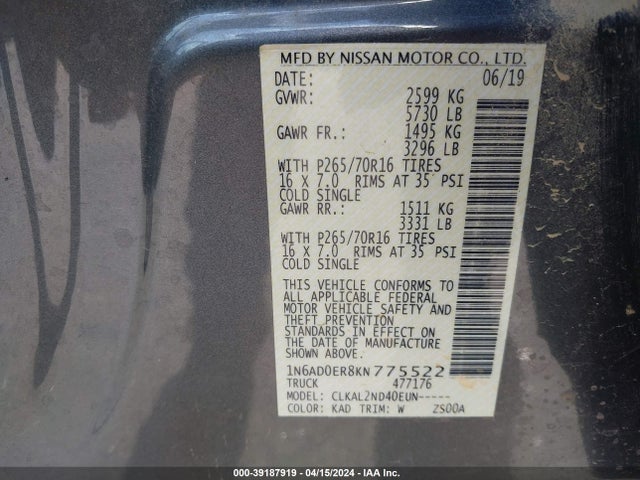 Nissan Frontier Sv 2019 1N6AD0ER8KN775522 Image 9