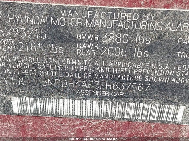 Hyundai ELANTRA SE 2015 5NPDH4AE3FH637567 Image 9