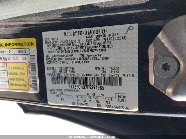 Ford FUSION SE 2014 1FA6P0HD2E5394985 Image 9