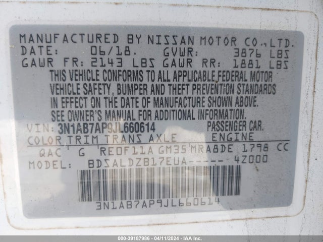 Nissan SENTRA SV 2018 3N1AB7AP9JL660614 Image 9