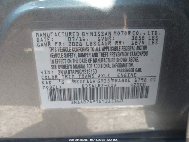 3N1AB7AP9GY315160 Nissan SENTRA SR