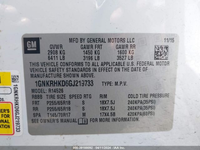 1GNKRHKD6GJ219733 Chevrolet Traverse 2lt