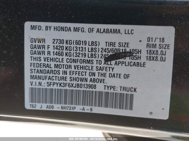 Honda Ridgeline Rtl-t 2018 5FPYK3F6XJB013908 Image 9