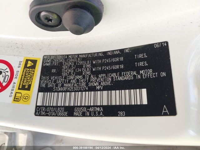 Toyota Highlander Xle V6 2014 5TDKKRFH2ES031274 Image 9