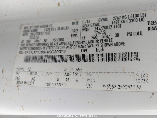Ford F-150 Xl 2017 1FTEX1C89HKC20374 Image 9