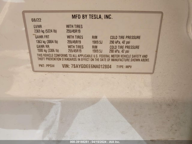 7SAYGDEE6NA012804 Tesla Model Y Long Range Dual Motor All-wheel Drive