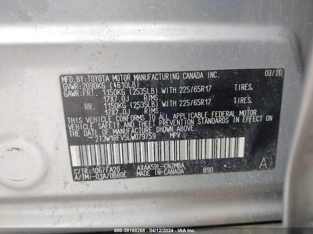 Toyota Rav4 Xle 2020 2T3W1RFV5LW079759 Image 9