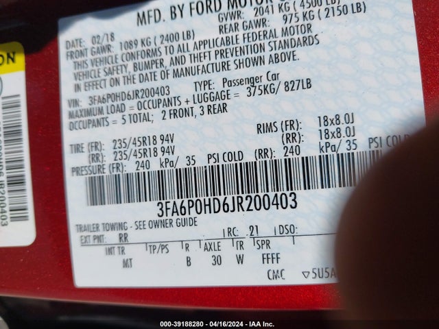 Ford FUSION SE 2018 3FA6P0HD6JR200403 Image 9