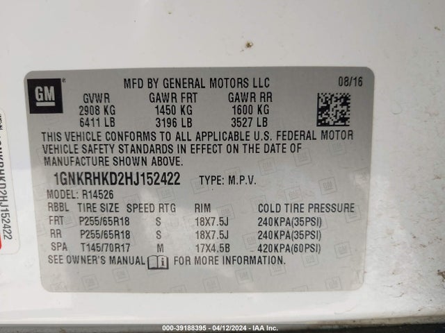 Chevrolet Traverse 2lt 2017 1GNKRHKD2HJ152422 Image 9