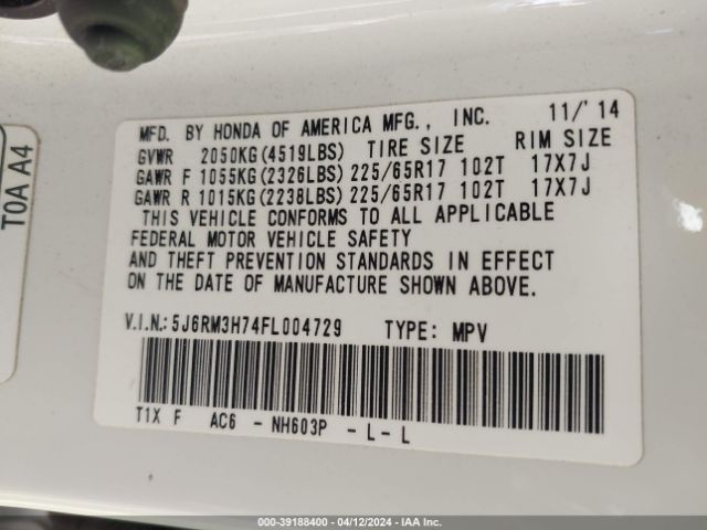 5J6RM3H74FL004729 Honda Cr-v Ex-l
