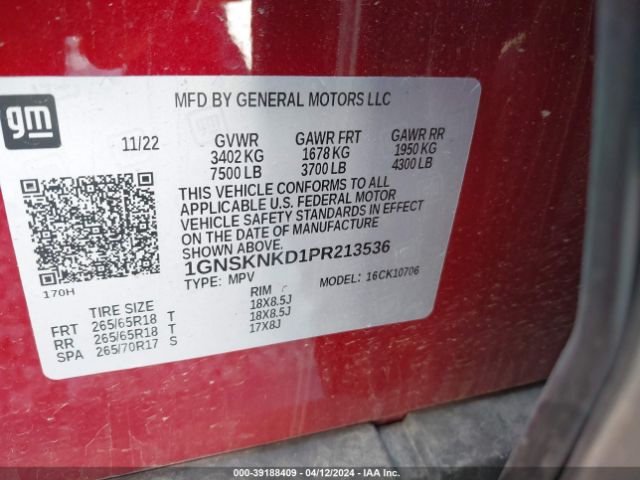 1GNSKNKD1PR213536 Chevrolet Tahoe 4wd Lt