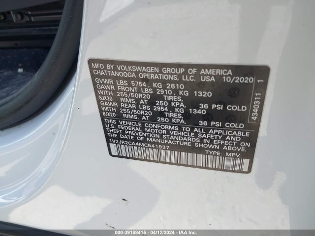 1V2JR2CA4MC541937 Volkswagen Atlas 3.6l V6 Se W/technology