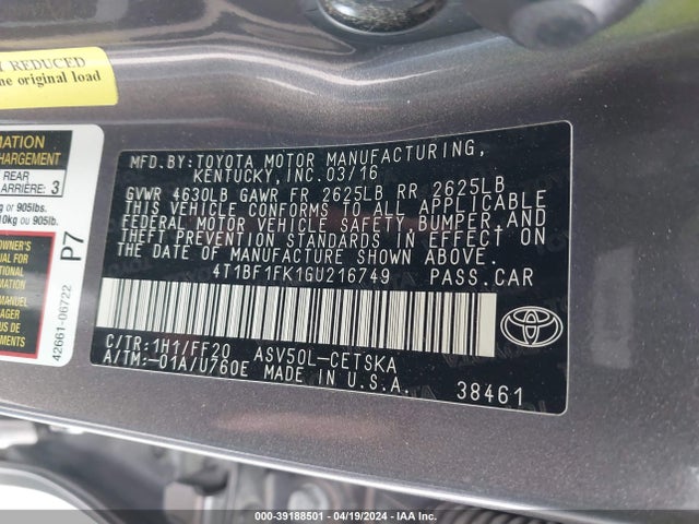 Toyota CAMRY SE 2016 4T1BF1FK1GU216749 Image 9
