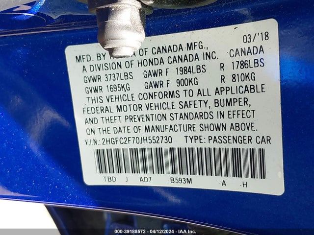 Honda CIVIC EX 2018 2HGFC2F70JH552730 Image 9