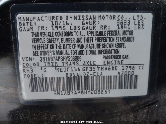Nissan SENTRA SV 2017 3N1AB7AP8HY208859 Image 9