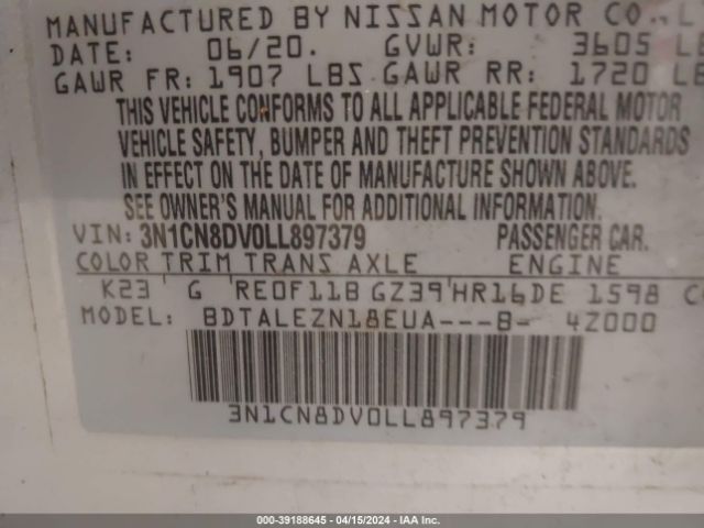 3N1CN8DV0LL897379 Nissan Versa S Xtronic Cvt