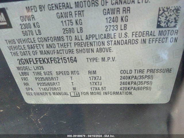 Chevrolet EQUINOX 1LT 2015 2GNFLFEKXF6215164 Image 9