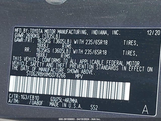Toyota Highlander Xle 2021 5TDGZRBHXMS078266 Image 9