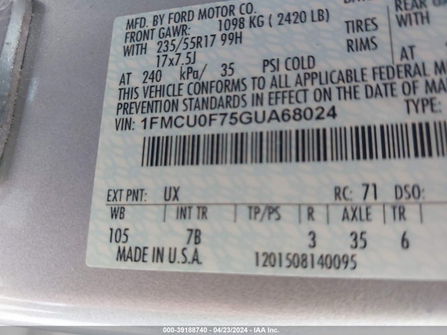 Ford ESCAPE S 2016 1FMCU0F75GUA68024 Image 9