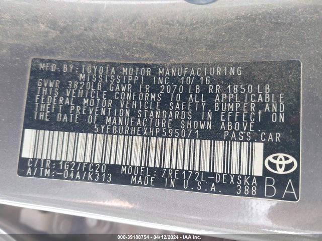 Toyota COROLLA SE 2017 5YFBURHEXHP595071 Image 9