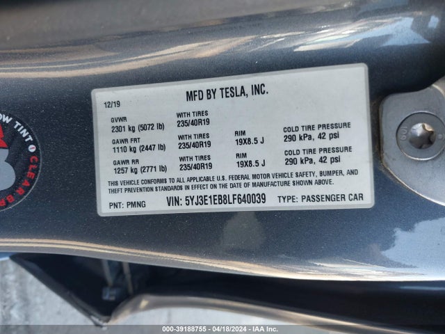 5YJ3E1EB8LF640039 Tesla Model 3 Long Range Dual Motor All-wheel Drive