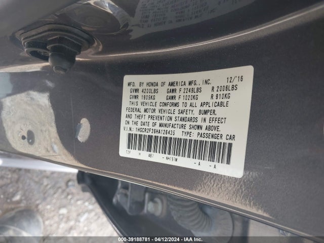 Honda ACCORD LX 2017 1HGCR2F36HA126435 Image 9