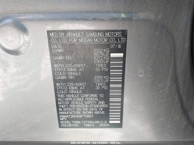 Nissan ROGUE SV 2016 KNMAT2MV6GP719817 Image 9