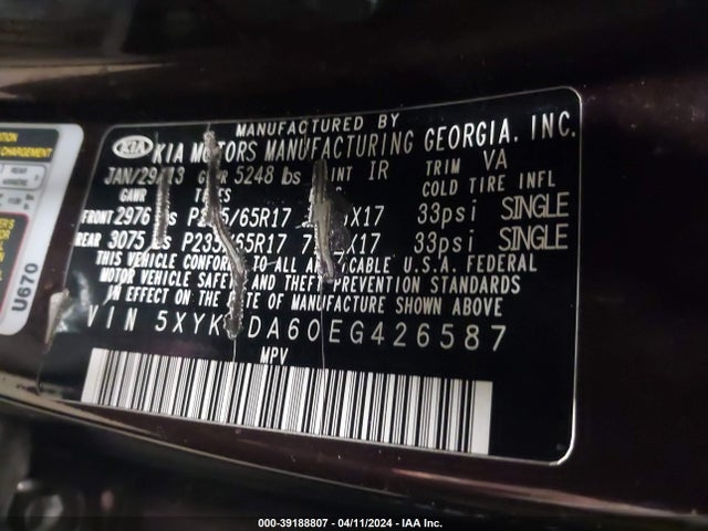 KIA SORENTO LX 2014 5XYKTDA60EG426587 Image 9