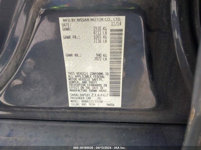 Nissan Altima 2.5 S 2015 1N4AL3AP1FC214467 Image 9