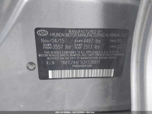 5NPE24AF5GH338811 Hyundai SONATA SE