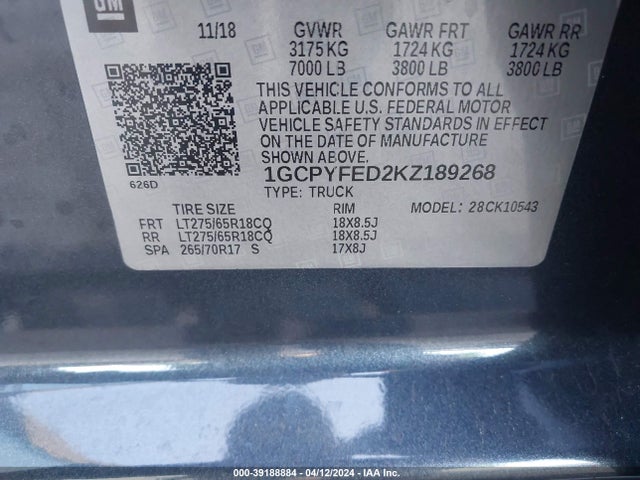 Chevrolet Silverado 1500 Lt Trail Boss 2019 1GCPYFED2KZ189268 Image 9
