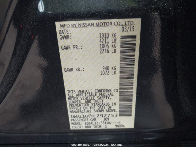 Nissan Altima 2.5 Sv 2015 1N4AL3AP7FC292753 Image 9