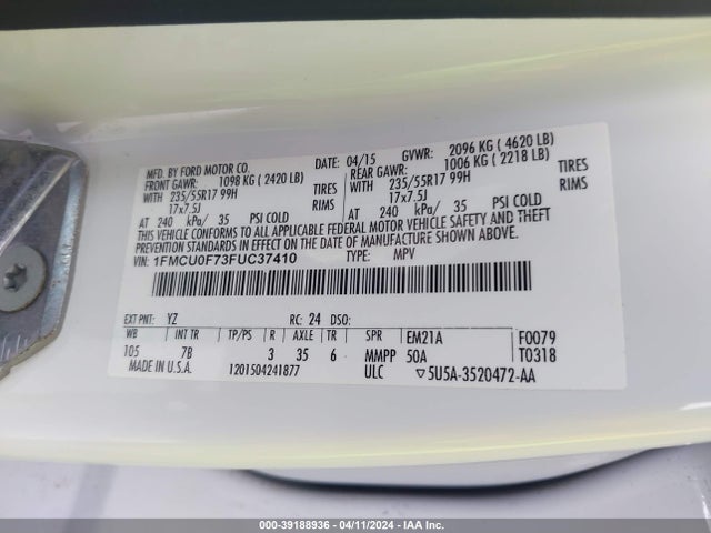 Ford ESCAPE S 2015 1FMCU0F73FUC37410 Image 9