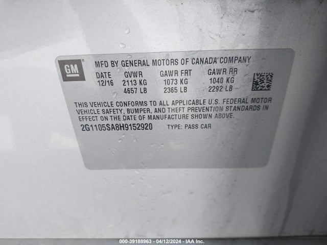Chevrolet IMPALA 1LT 2017 2G1105SA8H9152920 Image 9