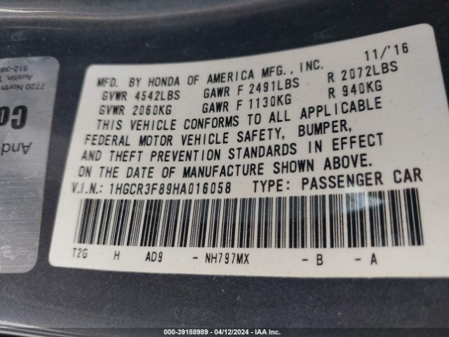 1HGCR3F89HA016058 Honda Accord Ex-l V6