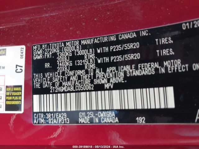 2T2HGMDA8LC050062 Lexus RX 450H