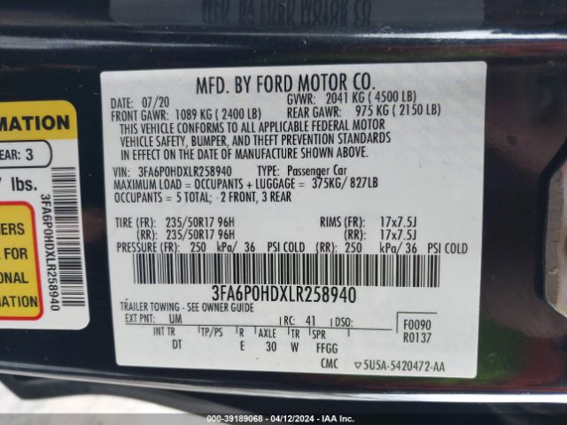 3FA6P0HDXLR258940 Ford FUSION SE