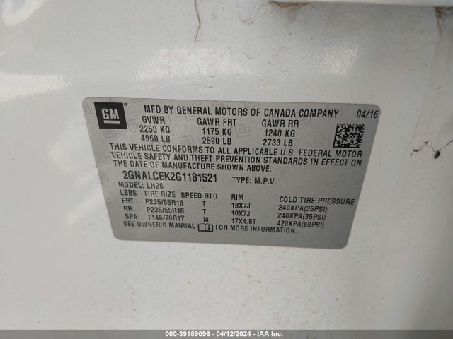 Chevrolet EQUINOX LT 2016 2GNALCEK2G1181521 Image 9