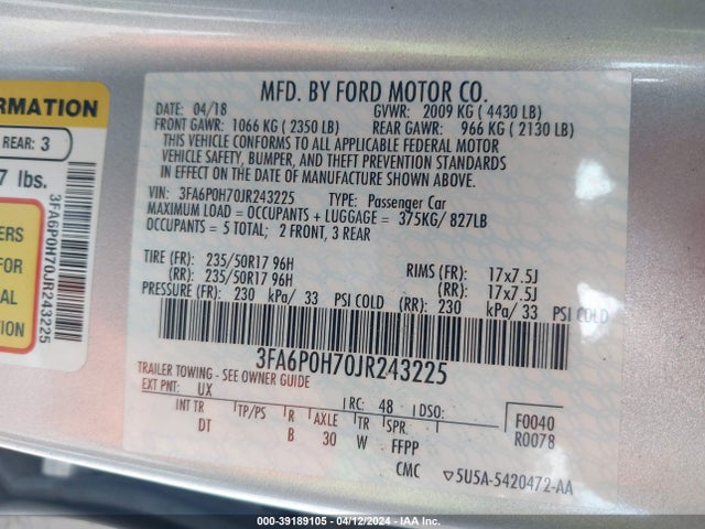 Ford FUSION SE 2018 3FA6P0H70JR243225 Image 9
