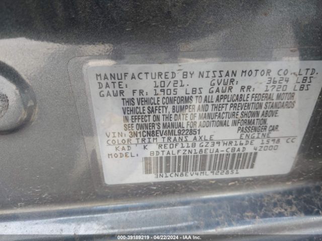 3N1CN8EV4ML922851 Nissan Versa Sv Xtronic Cvt